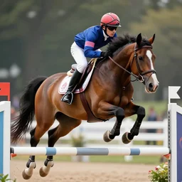 ground level shot of a jockey on a hybrid ( my little pony ) horse, it's jumping a hurdle, a horse that's ( my little pony ). professional, high quality, realistic, dramatic lighting, dof, bokeh, action, digital art