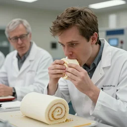 chemists in white coats are eating a giant roll, finnian macmanus