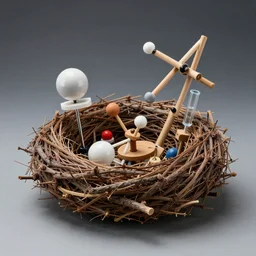 realistic photo of a a common wooden branches astronomy archeology chemistry nest scientific model equipment gadget object made of wooden branches, a tumbler is made of white clay, a handle is made of white fluffy fur, by dieter rams 1 9 9 0, life magazine reportage photo, natural colors, metropolitan museum collection