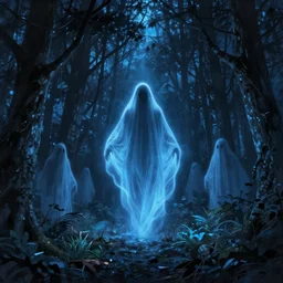 matte painting ghost in a clearing in forest at night. forest is lit by eerie blue glow. spook. spectre. haunted. scary. digital painting. digital render. beeple. noah bradley. cyril roland. dan mumford. naomi okubo. trending on artstation.