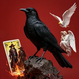 beautiful digital fantasy illustration of a black bird with a red background, vanitas, wiccan, cowboy plague doctors, tarot card, angel sitting on a rock, abyssal warmth, octane render, detail texture, unreal engine, poster art by victo ngai, 8 k, photographic quality, ultra hyper realistic quality