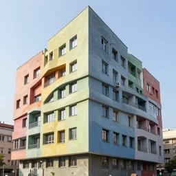 Beautiful Photograph of a Colourful Modernist Brutalist Building, bisexual-lighting