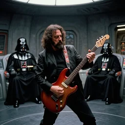 Jerry Garcia, hitting Darth Vader with a guitar, inside of Death Star control room, with Darth Sidious sitting in the back 40mm film, high quality