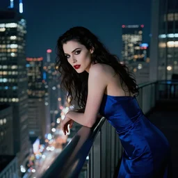 portrait of a beautiful vampire pensively leaning over the railing on a skyscraper with the nighttime cityscape in the background. wearing a blue dress. facing the artist. masterpiece by artgerm and greg rutkowski and ilya kuvshinov paul lerh