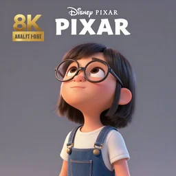 A young girl with glasses looking to the sky, designed by Peter Andrew Jones and Pixar, photorealistic, 3d render, award winning render, unreal engine, octane render, studio lighting, 8k, hd, DISNEY PIXAR, PIXAR, QUALITY, PRECISION,