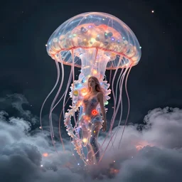 a highly detailed digital image of an exploding futuristic jellyfish elegantly wrapped in a cloud, by Andrea Chiampo, artstation and Frederik Heyman, extremely detailed woman, stunning volumetric lighting, hyper realism, fantasy 4k