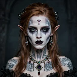 portrait of gothic zombie fairy, symmetric, facepaint facepaint facepaint, intricate jewelry, trending on artstation 4 k, high quality, in the style of karol bak and tom bagshaw, bust with face of emma watson, tattoos