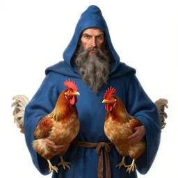 a portrait of a wizard with his pet chicken by Johan Grenier, blue robe, long beard, ArtStation, realistic, detailed