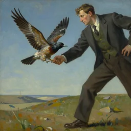 a painting of a bird trying to fly away while a big man is holding him back by its foot, in the style of hopper