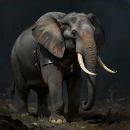 elephant wearing medieval suit of armor, illustration, concept art, painting by rembrandt, dark, moody, cinematic
