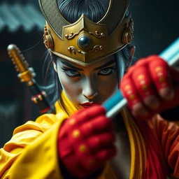 photorealistic portrait of a fighting, beautiful, arrogant, female samurai warrior, goth punk, vibrant yellow, red, blue, colors, surreal, a french baroque by by alexander mcqueen, octane render, hyper detailed, cinematic lighting