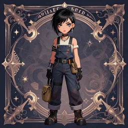 a full body portrait beautiful androgynous punk girl with short hair and beautiful eyes who is a mechanic wearing overalls with a utility bag, digital illustration, digital concept art, digital painting, ornate decorative background, very aesthetic!!!!!!, trending on artstation