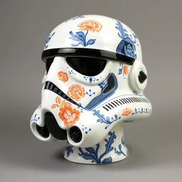 a stormtrooper head with painted durch ceramics, art pottery, delftware, by james jean