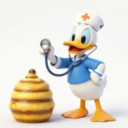 daisy duck, wearing a nurse outfit, holding a stethoscope up to a beehive, in a hospital, by rembrandt, in the styles of mannerism and hudson river school