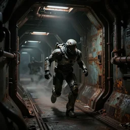 horror movie scene of an individual in futuristic armor, being chased down a hallway, running through a deep space mining space station, rusty metal walls, broken pipes, side angle, dark colors, muted colors, tense atmosphere, mist floats in the air, amazing value control, dead space, moody colors, dramatic lighting, ussg ishimura, frank frazetta