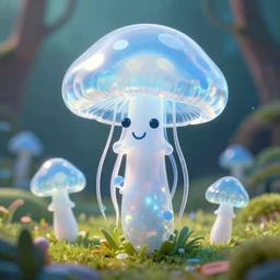 bright glade. transparent mushroom - jellyfish 3 d with blu patterns with a friendly face
