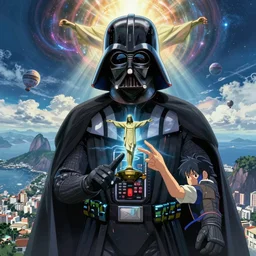 a highly detailed picture of, the darth vader as the christo redentor dabbing over rio de janeiro, ultrawide lens, by dan mumford, yusuke murata, makoto shinkai, ross tran, cosmic, heavenly, god rays, intricate detail, cinematic, 8 k, cel shaded, unreal engine, featured on artstation, pixiv