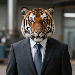 high quality portrait photo of an industrialist tiger dressed in a dark business suit and tie, Anthropomorphic, photography 4k, f1.8 bokeh, 4k, 85mm lens, sharp eyes