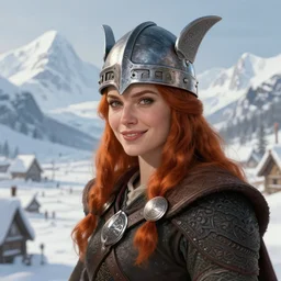 an female viking with a helmet and ginger hair smilling, blizzard mountains backround, village, digital painting, artstation, concept art, soft light, hdri, smooth, sharp focus, illustration, fantasy, intricate, elegant, highly detailed, D&D, matte painting, in the style of Greg Rutkowski and Alphonse Mucha and artemisia, 8k,