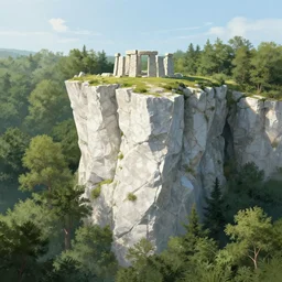 concept art of a small cliff, made of white marble in a mediterranean forest with a stone henge at the top of it seen from far away, art station front page, digital art, beautiful day