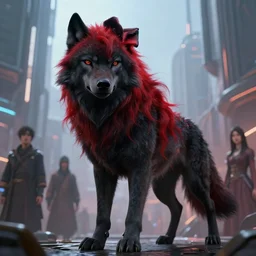 beautiful black wolf with long red hair in a futuristic city. character design by cory loftis, fenghua zhong, ryohei hase, ismail inceoglu and ruan jia. artstation, volumetric light, detailed, photorealistic, fantasy, rendered in octane