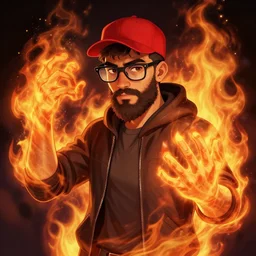 character art by ilya kuvshinov, young ducktail bearded middle eastern american male with wayfarer glasses and red cap, on fire, fire powers