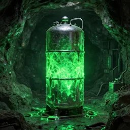 secret under ground base with a green glowing uranium tank, octane render, xray melting colors