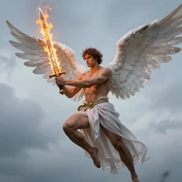 strong, masculine angel holding a flaming sword in the sky