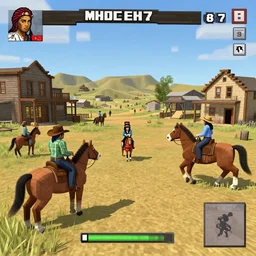 horse riding simulator game set in 1 8 3 7 ghost town old west featuring cowboys and cowgirls from africa, china, japan, and mexico