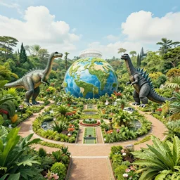 wide angle view, far shot, botanical garden at the center of the earth by jules verne, dinosaurs and godzilla, in style of where's wally, extremely detailed