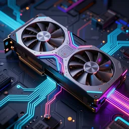 A highly technical and realistic illustration of a graphics card in a computer, with colorful neon circuitry and data emanating from it. 4k, 8k resolution