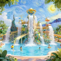 3 d render of a waterpark designed by vincent van gogh, happy scene, ethereal and dreamlike, waterfalls, magnificent structures, 4 k detail