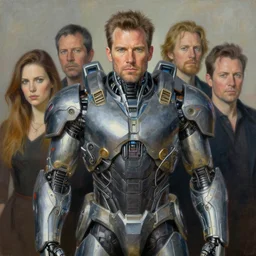portrait of cyborg jon hamm wearing cybernetic power armor. intricate painting by ross tran, magali villeneuve, and jeremy mann.