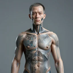 man with circuitry on his skin