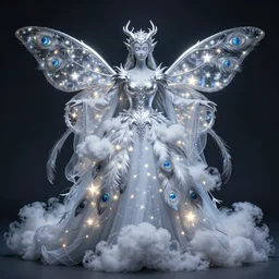 a silver shining star skinned moth druid wearing a magically imbued ethereal elven ball gown made from clouds and peacock feathers with fairy lights inside the clouds to resemble stars, cloud mage robes, fantasy, proper anatomy, fantasy art, in the style of the dragon prince on netflix