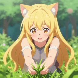 3 d photo of an anime girl with cat ears and long blond hair reaching over to grab grass in her hands, bokeh, shader, anime art style, highly detailed, cel - shaded, colorful, animated, trending