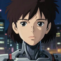 a anime portrait of a cyborg woman!! finely detailed features, closeup at the face, sharp focus, perfect art, night - time city background, cinematic lighting, highly detailed, intricate, anime!! artstation, trending on pixiv fanbox, painted by greg rutkowski, studio ghibli, yoji shinkawa, hayao miyazaki,