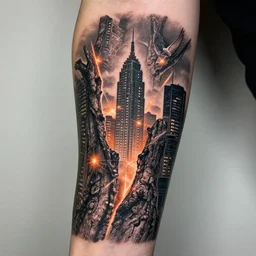 intricate city tatoos, sparks, tree bark, photorealistic, hd, trending on artstation