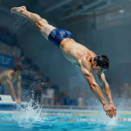 concept art of muscular male swimming athlete diving, low angle, highly detailed painting by dustin nguyen, akihiko yoshida, greg tocchini, greg rutkowski, cliff chiang, 4 k resolution, trending on artstation, 8 k
