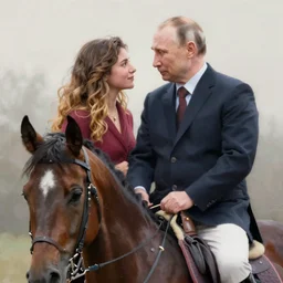 putin riding on horse with 3 0 year old lady with long brown and blonde hair. they are in love. paint detailed digital artstation, portrait hd 4 k, by greg rutkowski and gaston bussiere and craig mullins and j. c. leyendecker, hd
