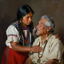 a beautiful painting of an indigenous woman taking care of an old man, matte painting, by christophe vacher