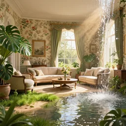 estate agent photo of a trendy living room of an old stately home, flowered wallpaper, antique furniture, unreal engine, overgrown with monstera, grass, sand, sun rays, flooded, waterfall, warm light, sparkling, glisten, beautiful, reflections, artstation