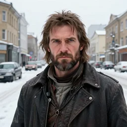arthur from rdr 2 high detailed face in russia reality 2 0 2 0 at russia, tolyatti sportivnaia street 7, cars, snow, buildings photorealism