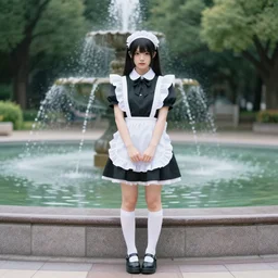 a full body portrait of a young woman in Japanese maid uniform standing in front of a fountain in a park, 8k, cinematic, photo taken with Sony a7R camera, by William-Adolphe