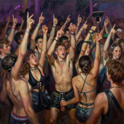 the messiest rave you've ever been to, hyper detailed photorealistic oil painting of a large group of people dancing at a rave