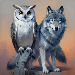 painting of hybrid between owl!!!! & wolf, intercrossed animal, by zdzislaw beksinski, by tiffany bozic, by chris buzelli, cold hue's, warm tone gradient background, concept art, beautiful composition, digital painting
