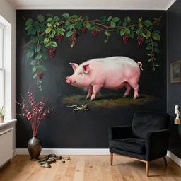 a female pathology student in her apartment, wild berry vines, pig, black walls, ikebana, snakes, black armchair, sculpture, acrylic on canvas, surrealist, by magritte and monet