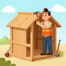illustration monopoly man builds a wooden shed hammer tools cartoon