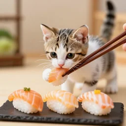 a kitten eating sushi with chopstick, 3 5 mm photography