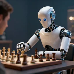 a sentient robot playing chess with a human, trending artstation, octane render, cinematic lightning, 8 k